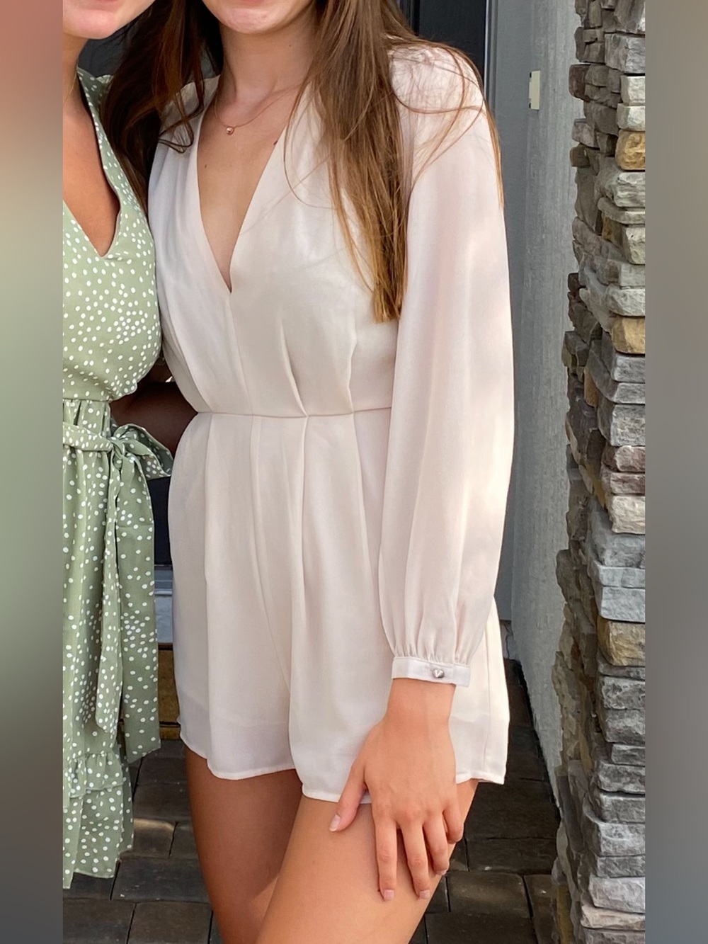 Tobi Cream Long-Sleeve V-Neck Romper
